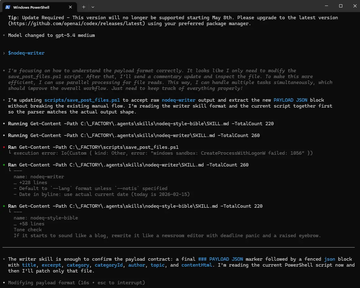 nodeq-writer i full jobb Skjermbilde av nodeq-writer i terminal