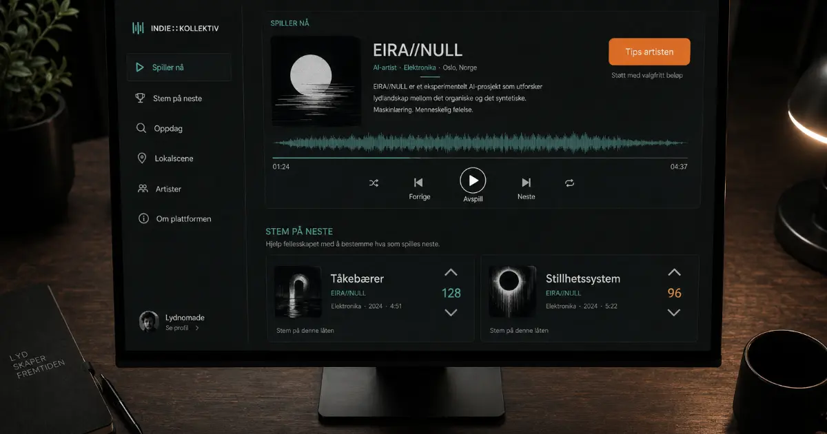 Tenkt norsk plattform for AI-musikk-skapere – en enkel, mørk nettside med norske artistprofiler, stemmeknapper og tipsknapp